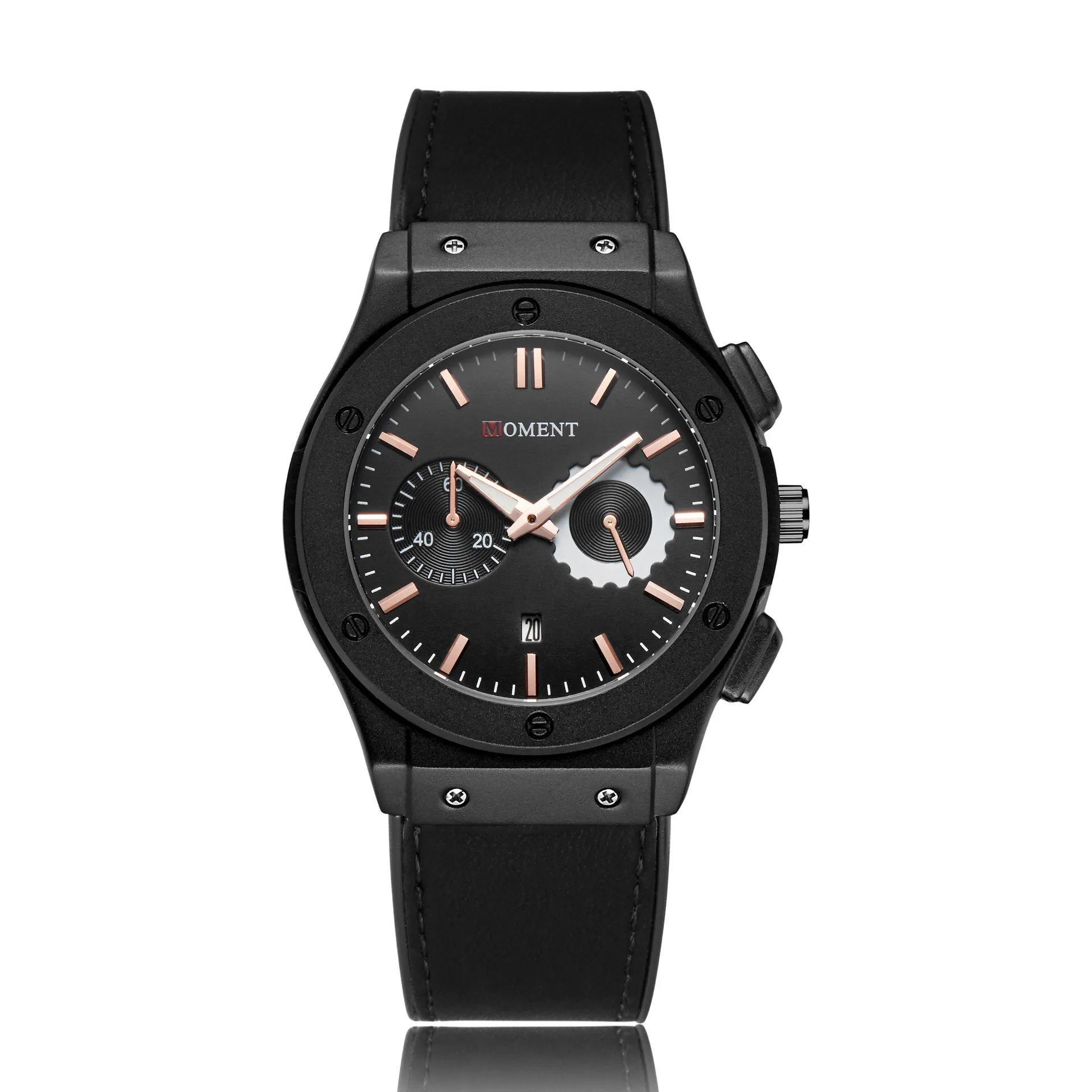 Sports calendar quartz watch with 40mm dial, 11mm thickness, 50m water resistance, stainless steel buckle, black dial
