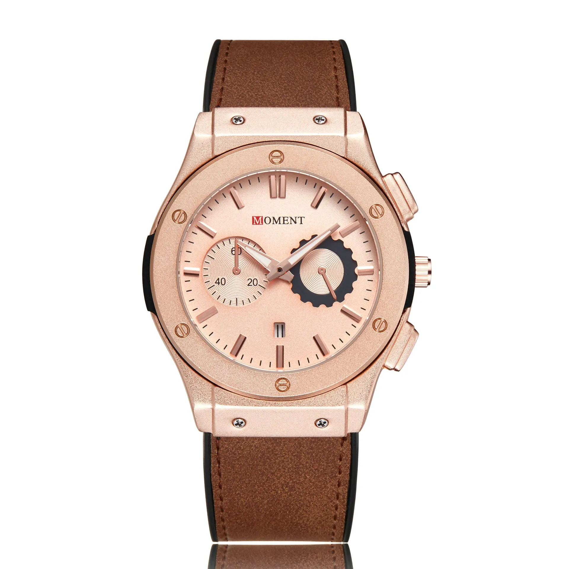 Sports calendar quartz watch with 40mm dial, 11mm thickness, 50m water resistance, stainless steel buckle, black dial