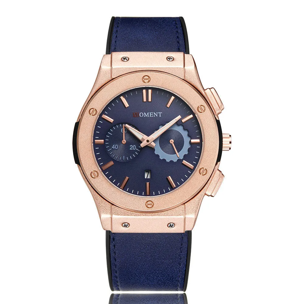 Sports calendar quartz watch with 40mm dial, 11mm thickness, 50m water resistance, stainless steel buckle, black dial