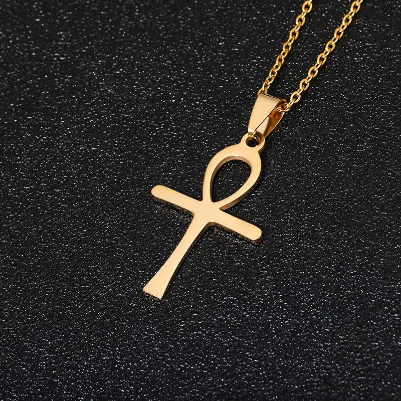 Stainless steel cross necklace on display showing O-shaped chain and pendant in steel colour finish