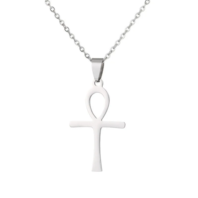 Stainless steel cross necklace on display showing O-shaped chain and pendant in steel colour finish
