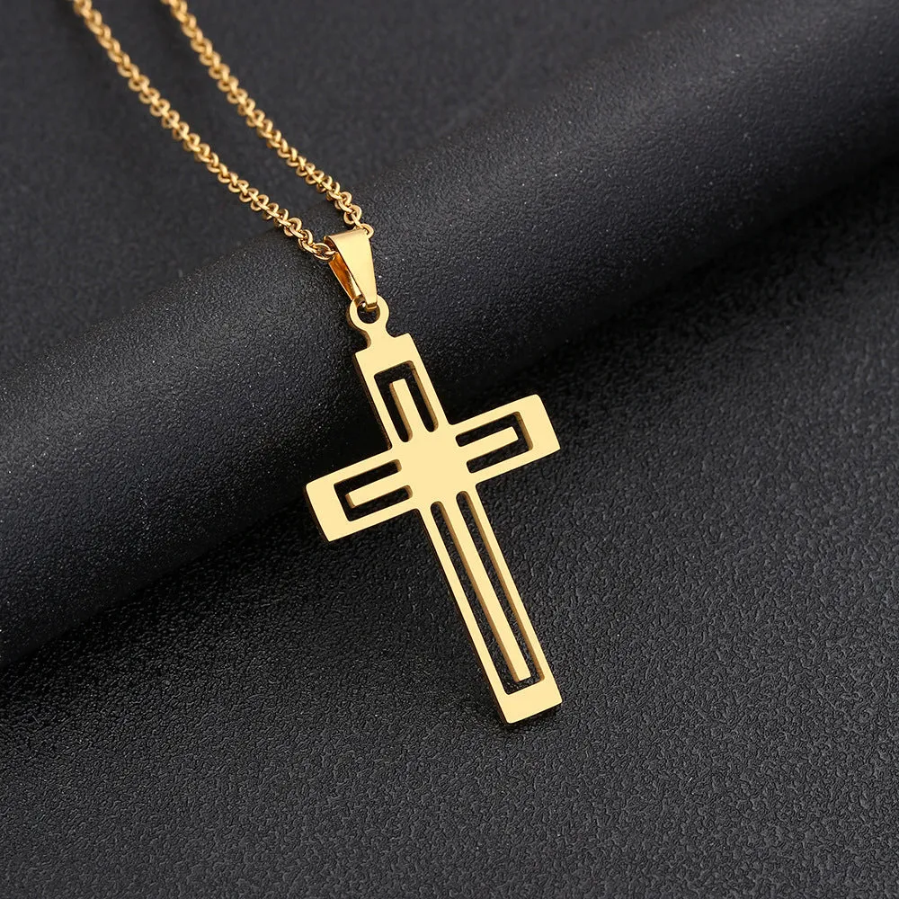 Stainless steel cross necklace on display showing O-shaped chain and pendant in steel colour finish