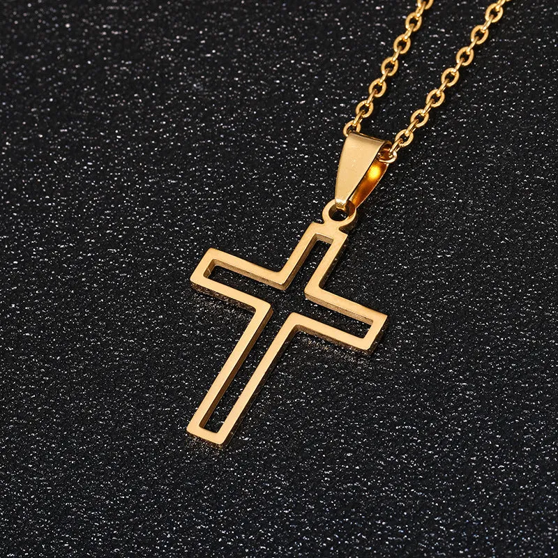 Stainless steel cross necklace on display showing O-shaped chain and pendant in steel colour finish