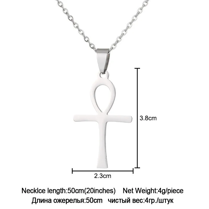 Stainless steel cross necklace on display showing O-shaped chain and pendant in steel colour finish