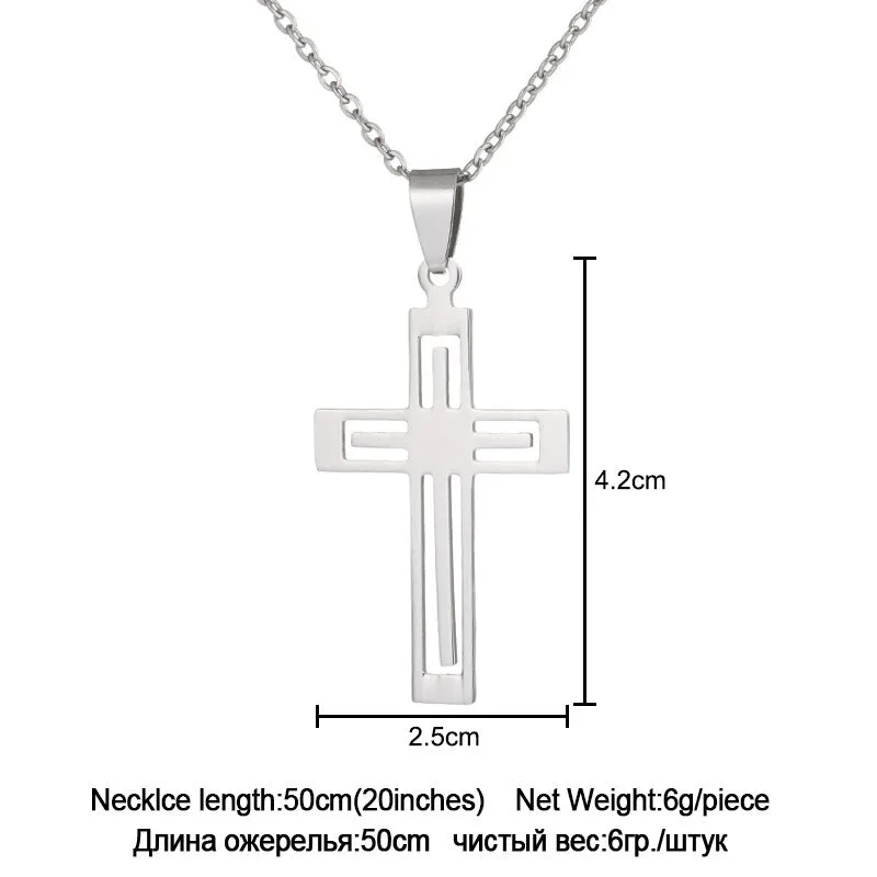 Stainless steel cross necklace on display showing O-shaped chain and pendant in steel colour finish