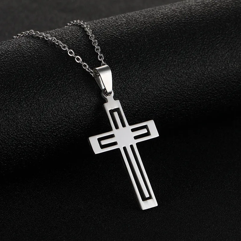Stainless steel cross necklace on display showing O-shaped chain and pendant in steel colour finish