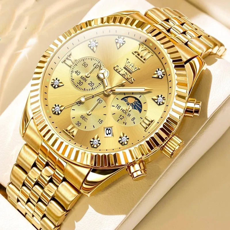 Men's full gold quartz watch with stainless steel strap, round dial, and butterfly buckle on white background