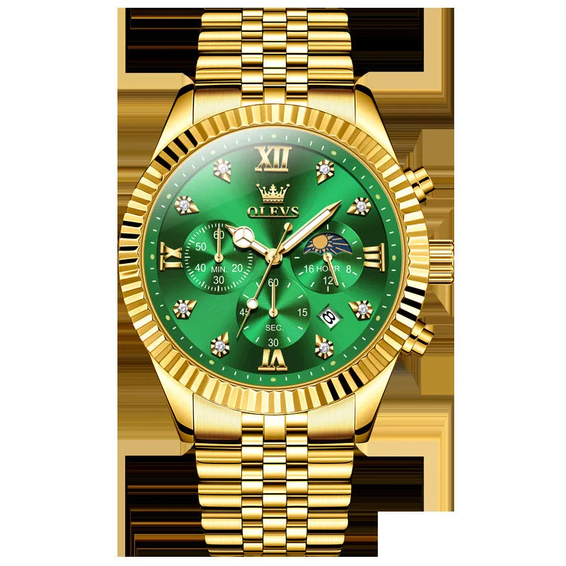 Men's full gold quartz watch with stainless steel strap, round dial, and butterfly buckle on white background