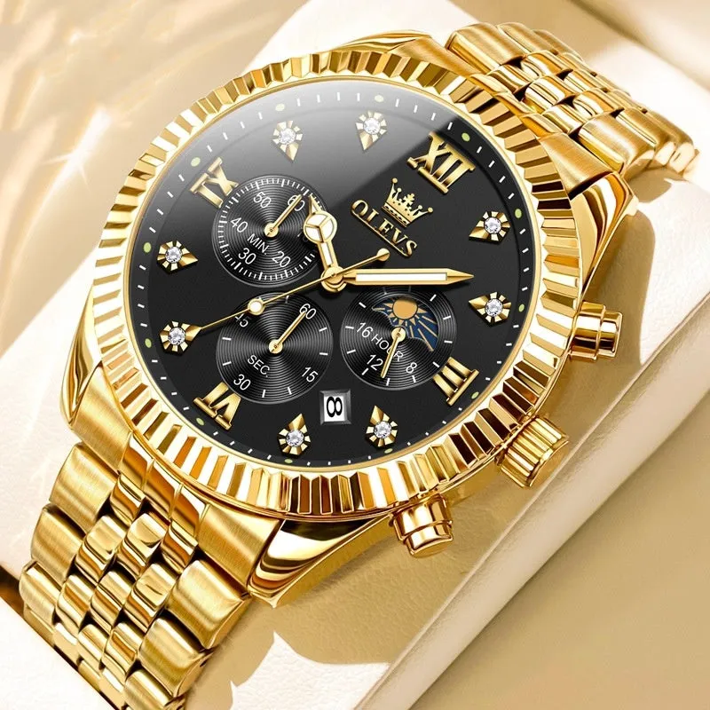 Men's full gold quartz watch with stainless steel strap, round dial, and butterfly buckle on white background
