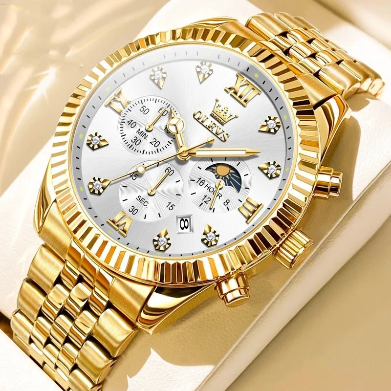 Men's full gold quartz watch with stainless steel strap, round dial, and butterfly buckle on white background