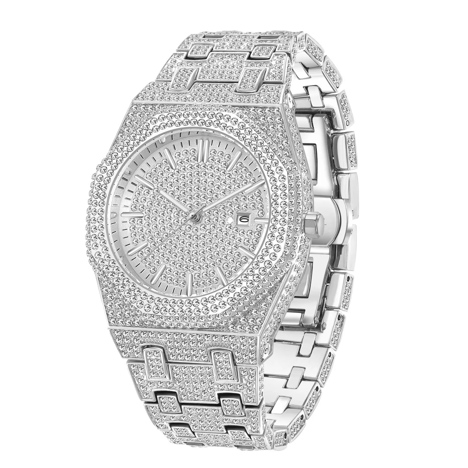 European hip hop full diamond Arabic scale quartz men's watch with gold plated strap and mineral glass mirror