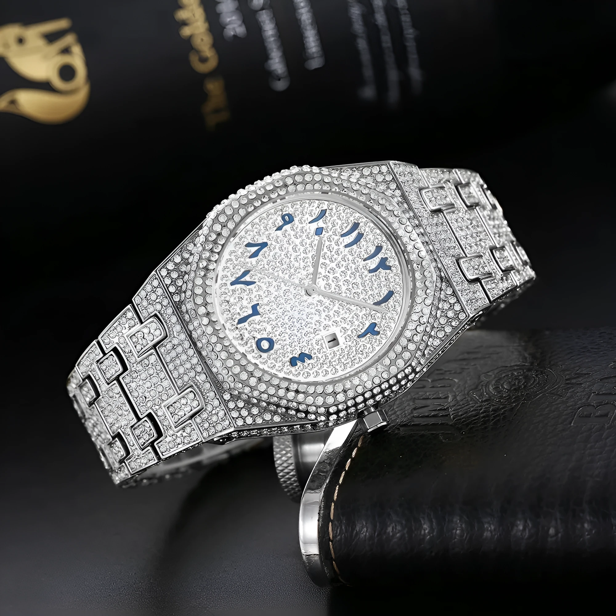 European hip hop full diamond Arabic scale quartz men's watch with gold plated strap and mineral glass mirror