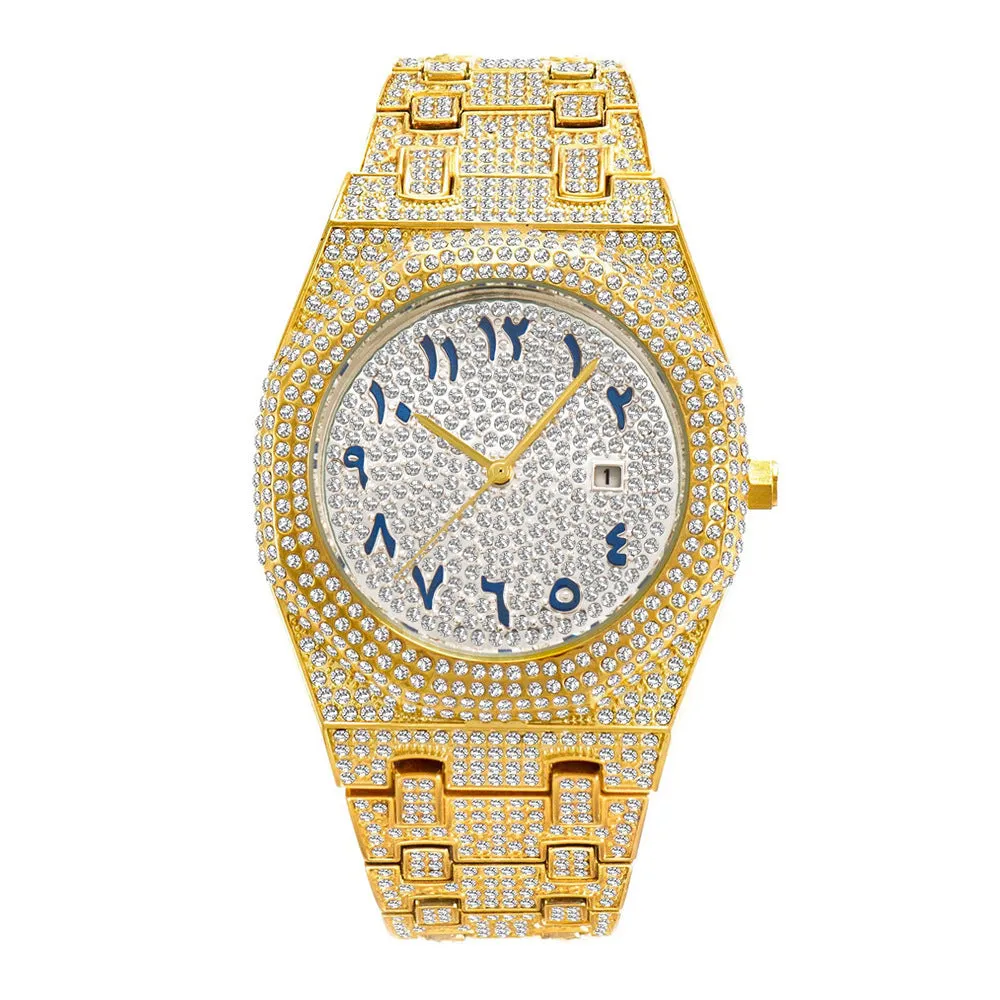European hip hop full diamond Arabic scale quartz men's watch with gold plated strap and mineral glass mirror