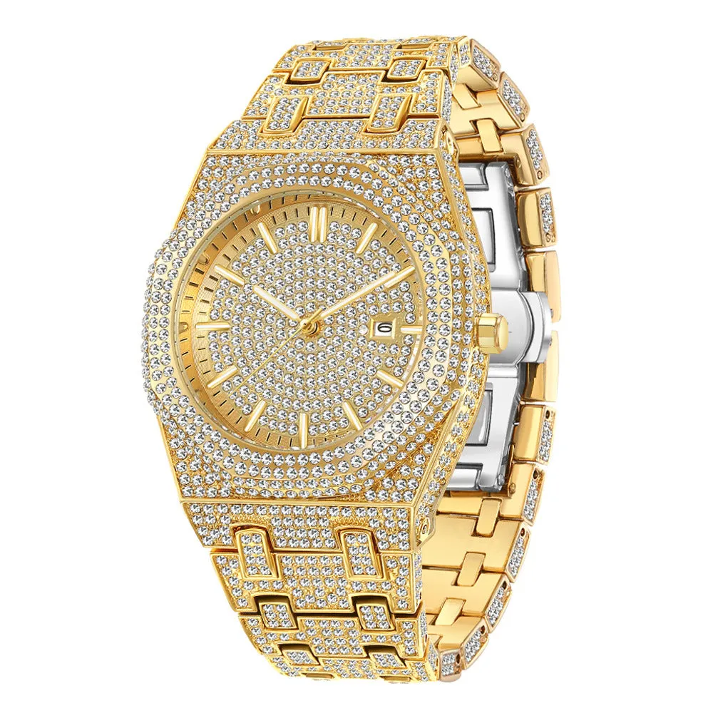 European hip hop full diamond Arabic scale quartz men's watch with gold plated strap and mineral glass mirror