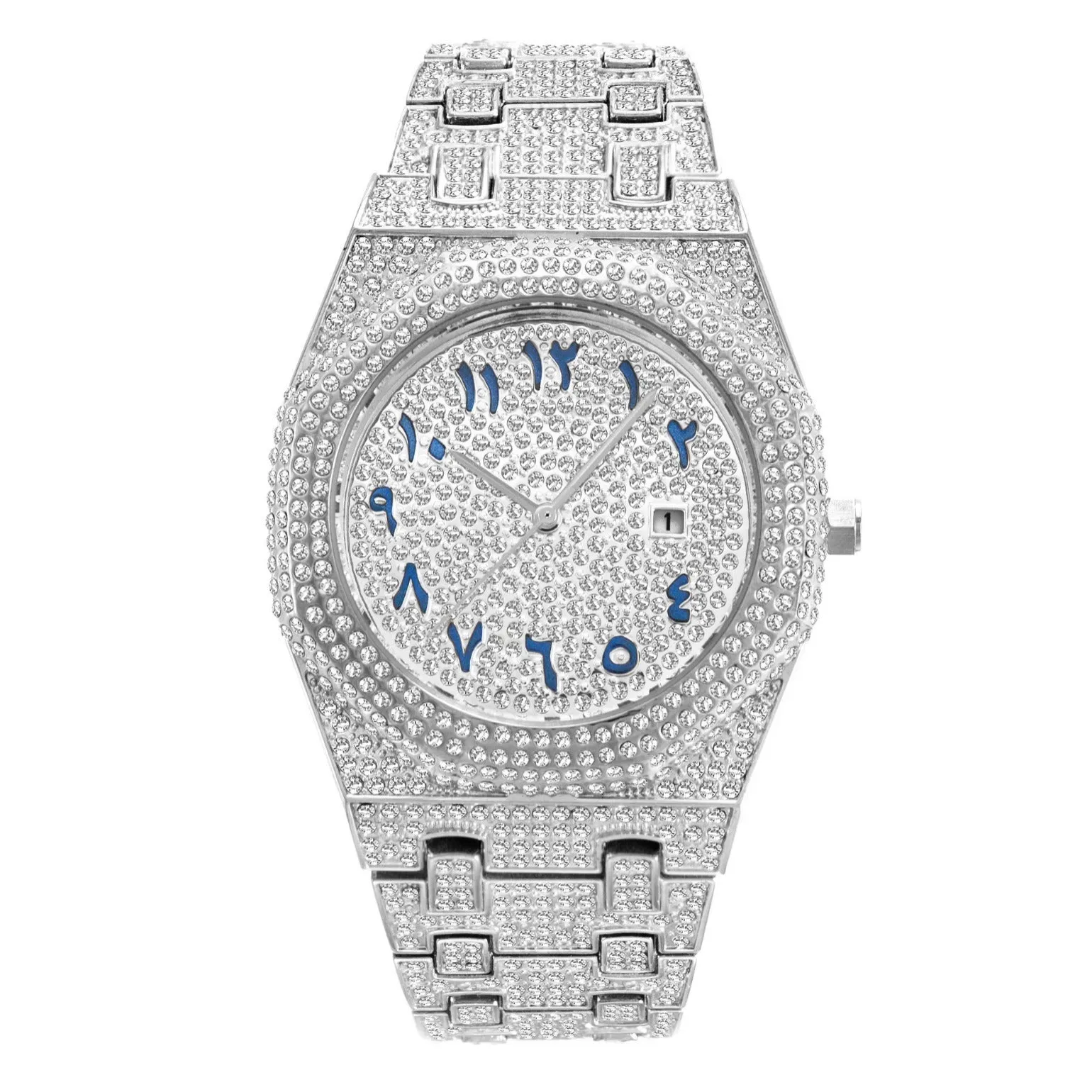 European hip hop full diamond Arabic scale quartz men's watch with gold plated strap and mineral glass mirror