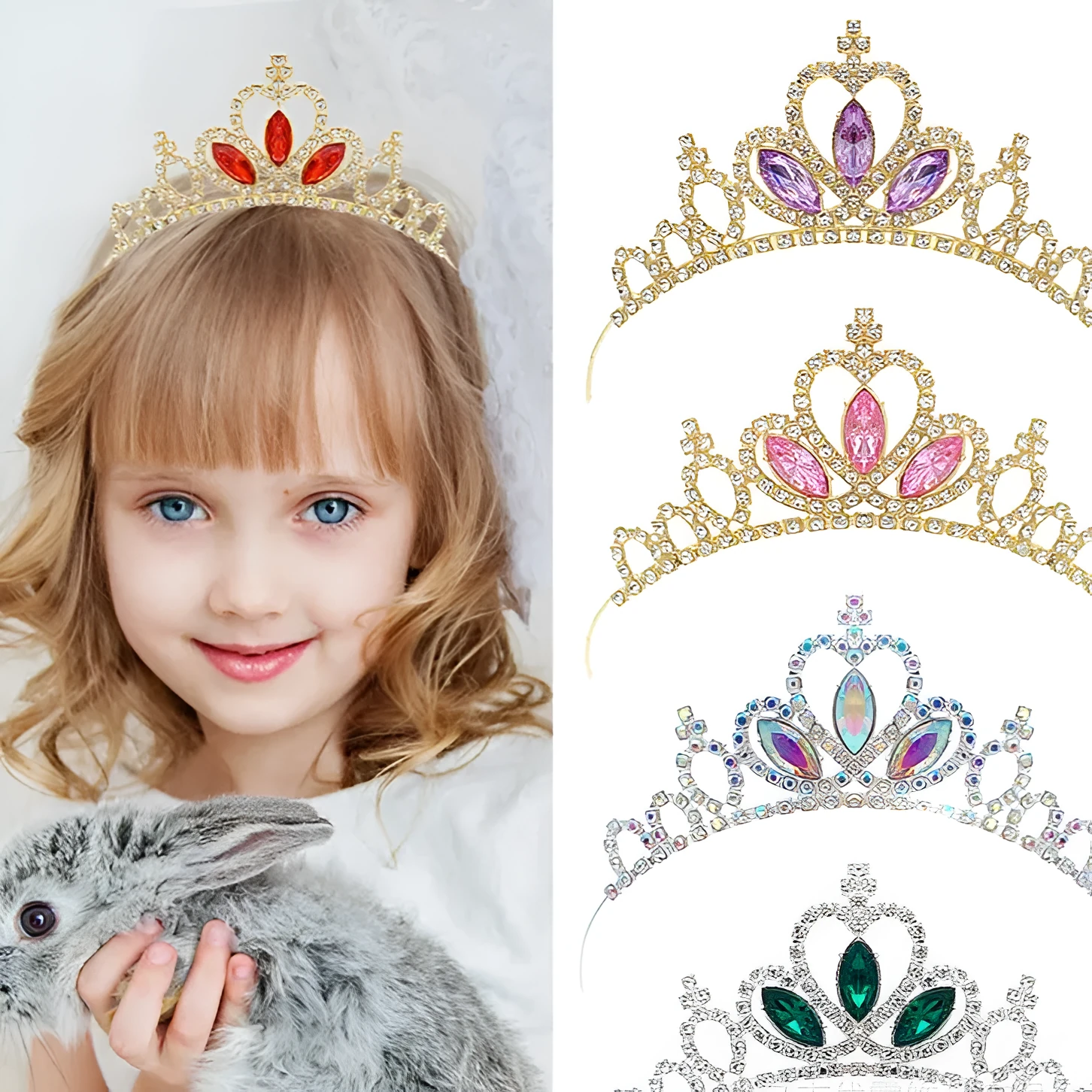 Girl's alloy princess crown with electroplated finish and crystal diamond decorations for birthday parties