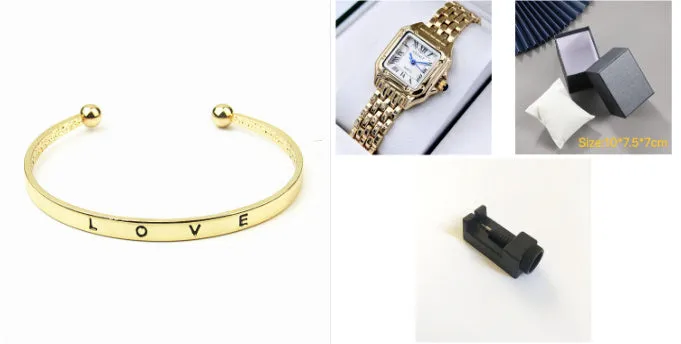 Waterproof women's square watch with alloy band and mineral glass mirror, gold white colour