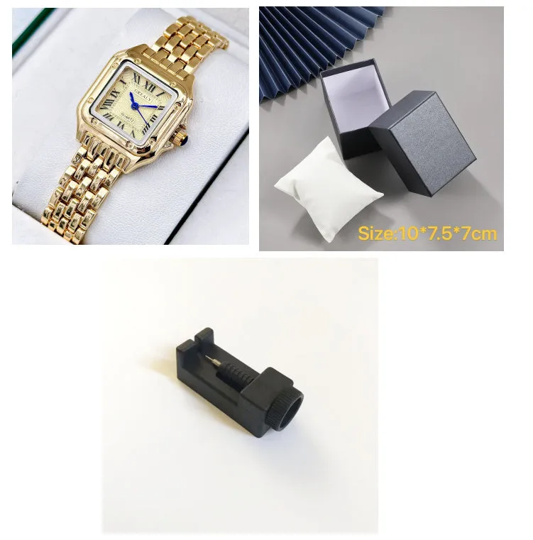 Waterproof women's square watch with alloy band and mineral glass mirror, gold white colour