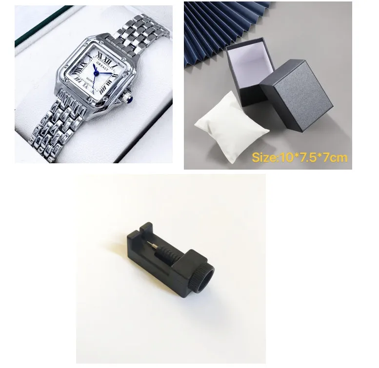 Waterproof women's square watch with alloy band and mineral glass mirror, gold white colour