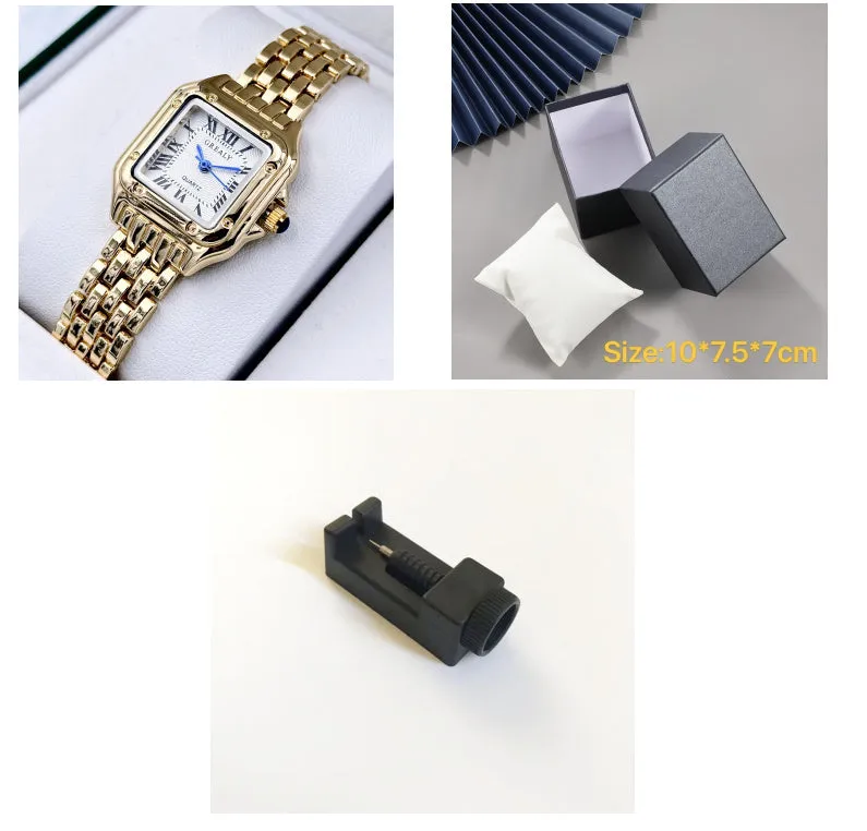 Waterproof women's square watch with alloy band and mineral glass mirror, gold white colour