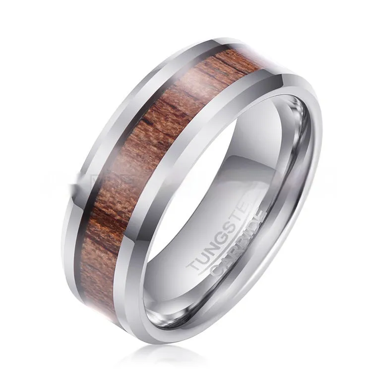 Ugyen tungsten gold men's ring with leather inlay, 8mm wide band in rose gold or steel colour finish