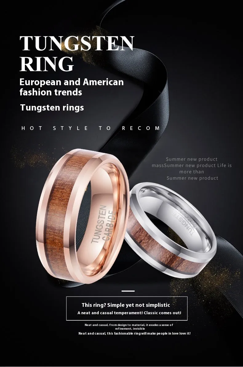Ugyen tungsten gold men's ring with leather inlay, 8mm wide band in rose gold or steel colour finish