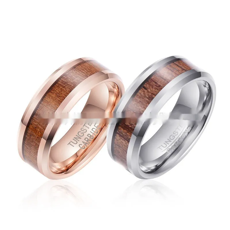 Ugyen tungsten gold men's ring with leather inlay, 8mm wide band in rose gold or steel colour finish