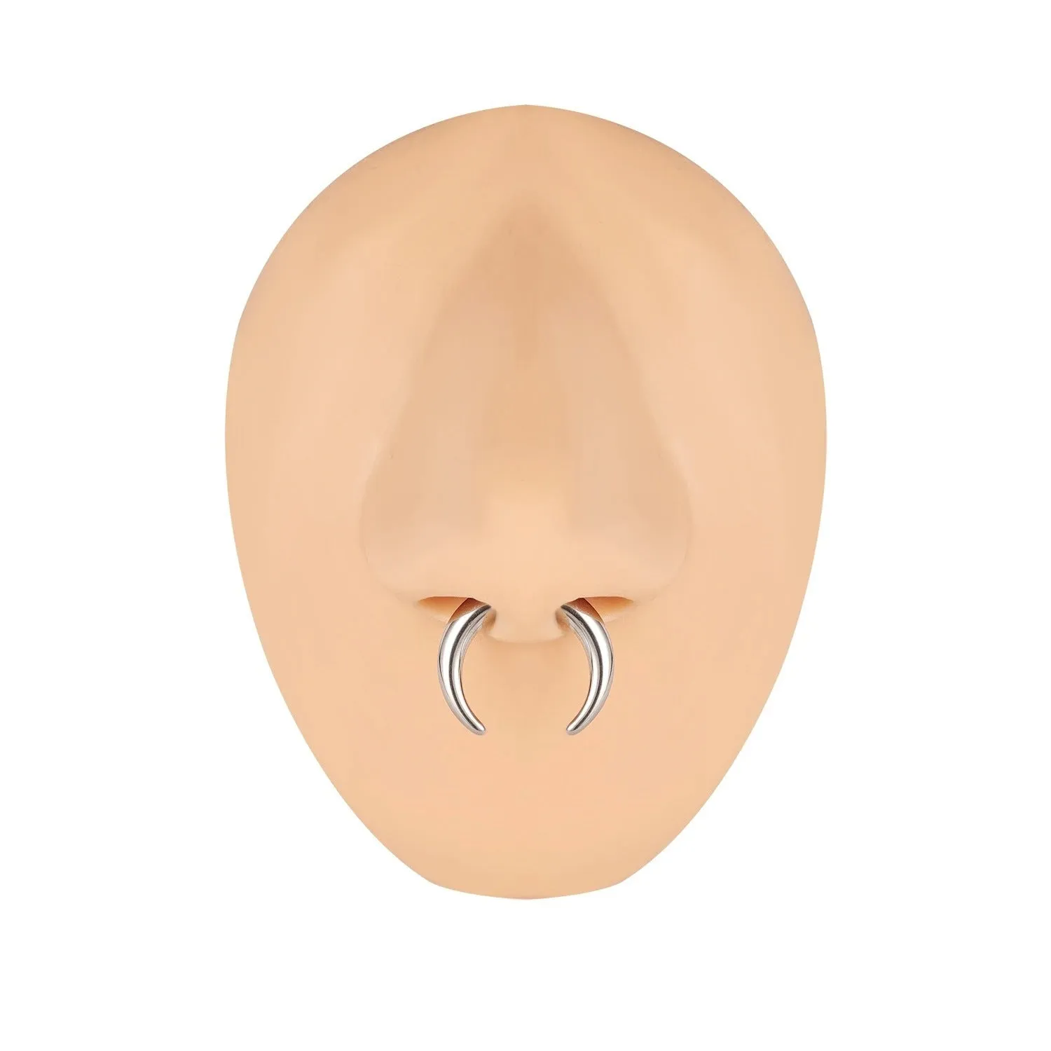Curved C-shaped nose ring combining stainless steel and a brown buffalo horn segment.