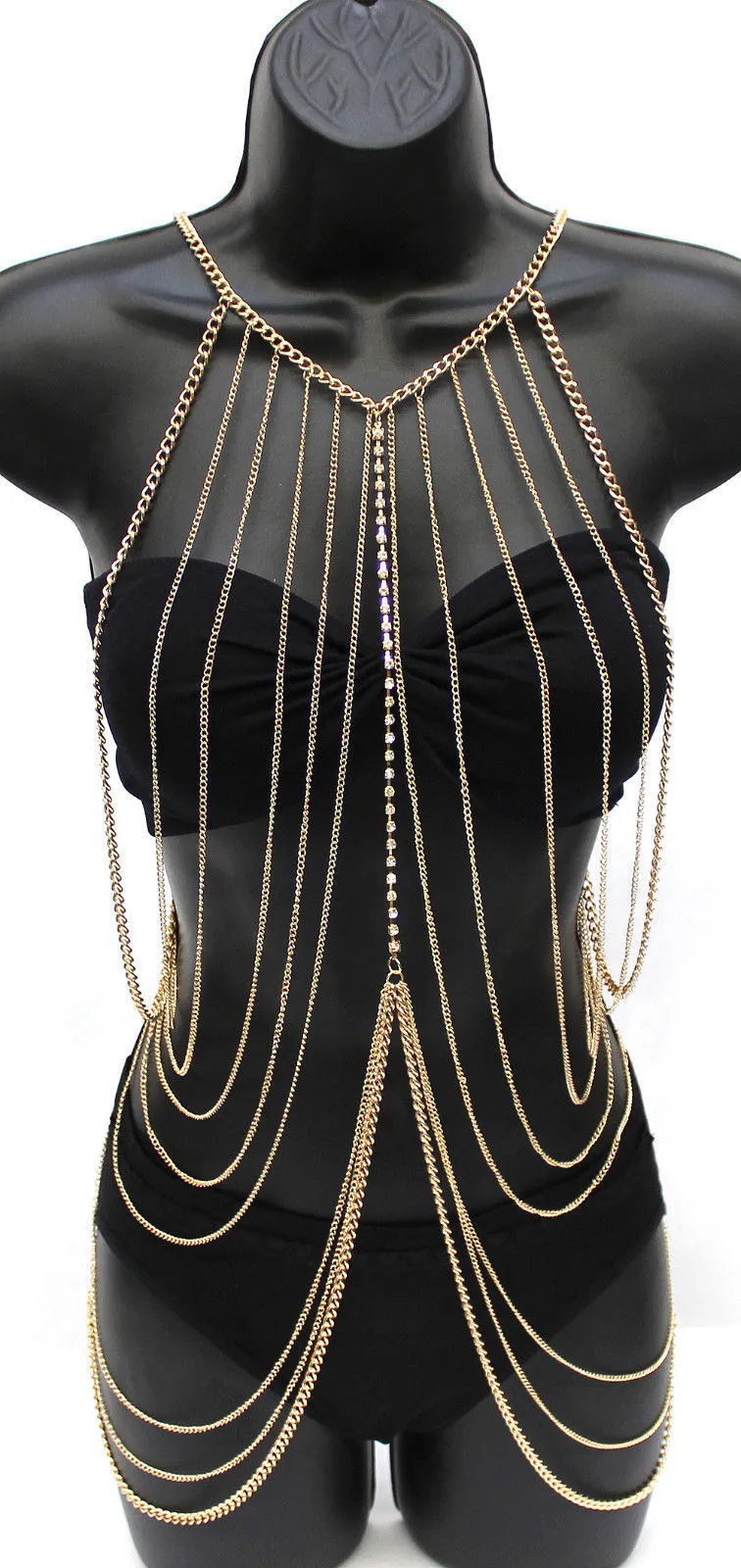 Full body long body chain necklace in gold tone electroplated alloy for women