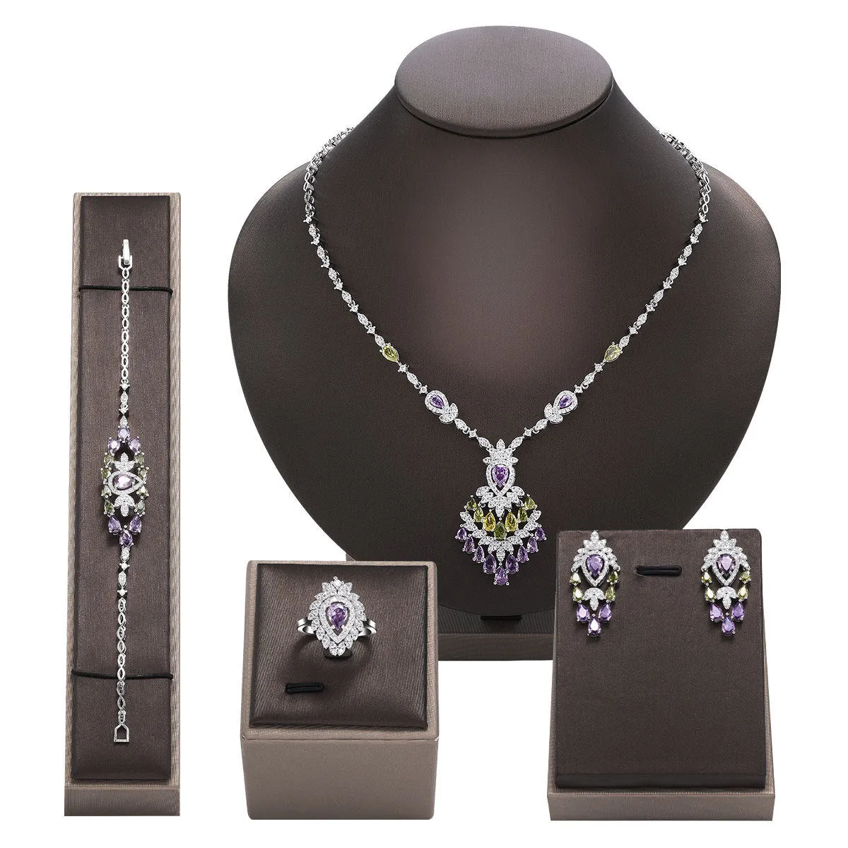 White copper zircon inlay floral pattern women's jewellery set with necklace, earrings, ring, and bracelet