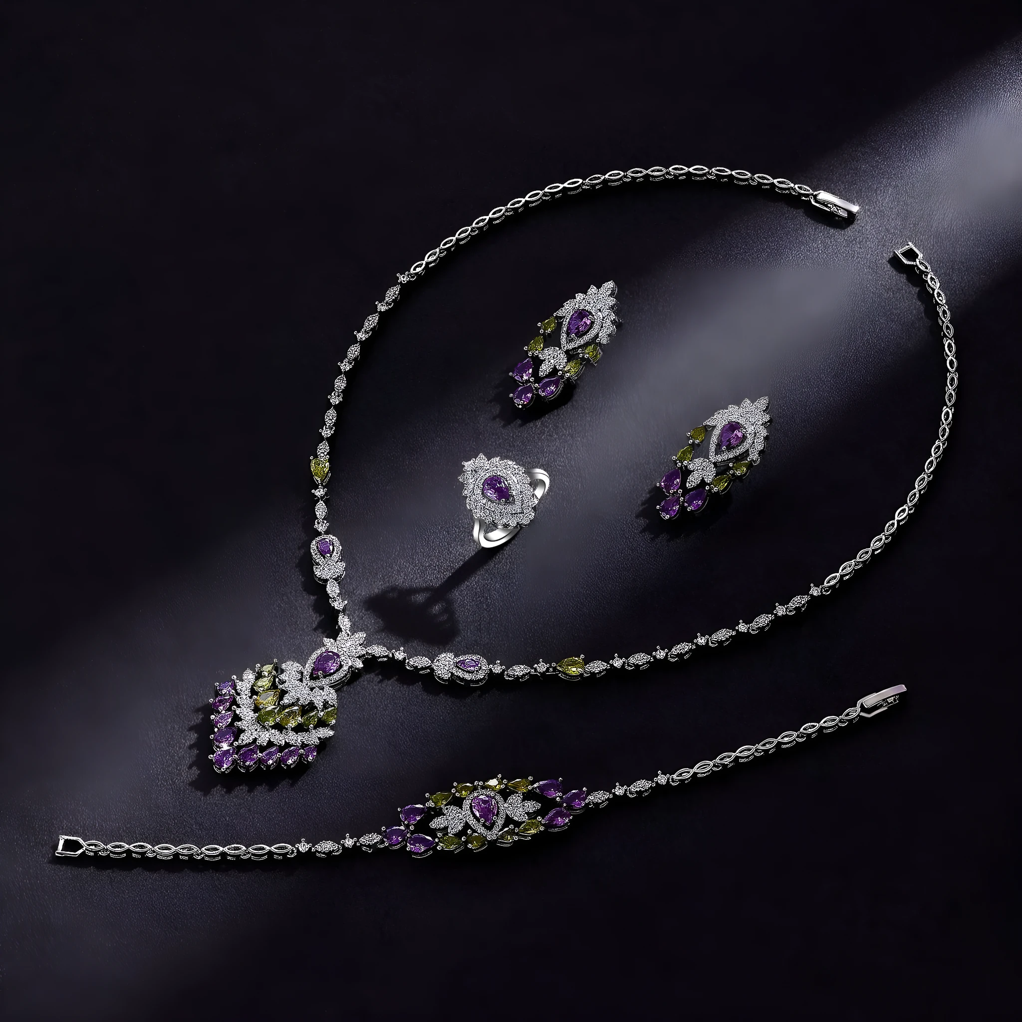 White copper zircon inlay floral pattern women's jewellery set with necklace, earrings, ring, and bracelet