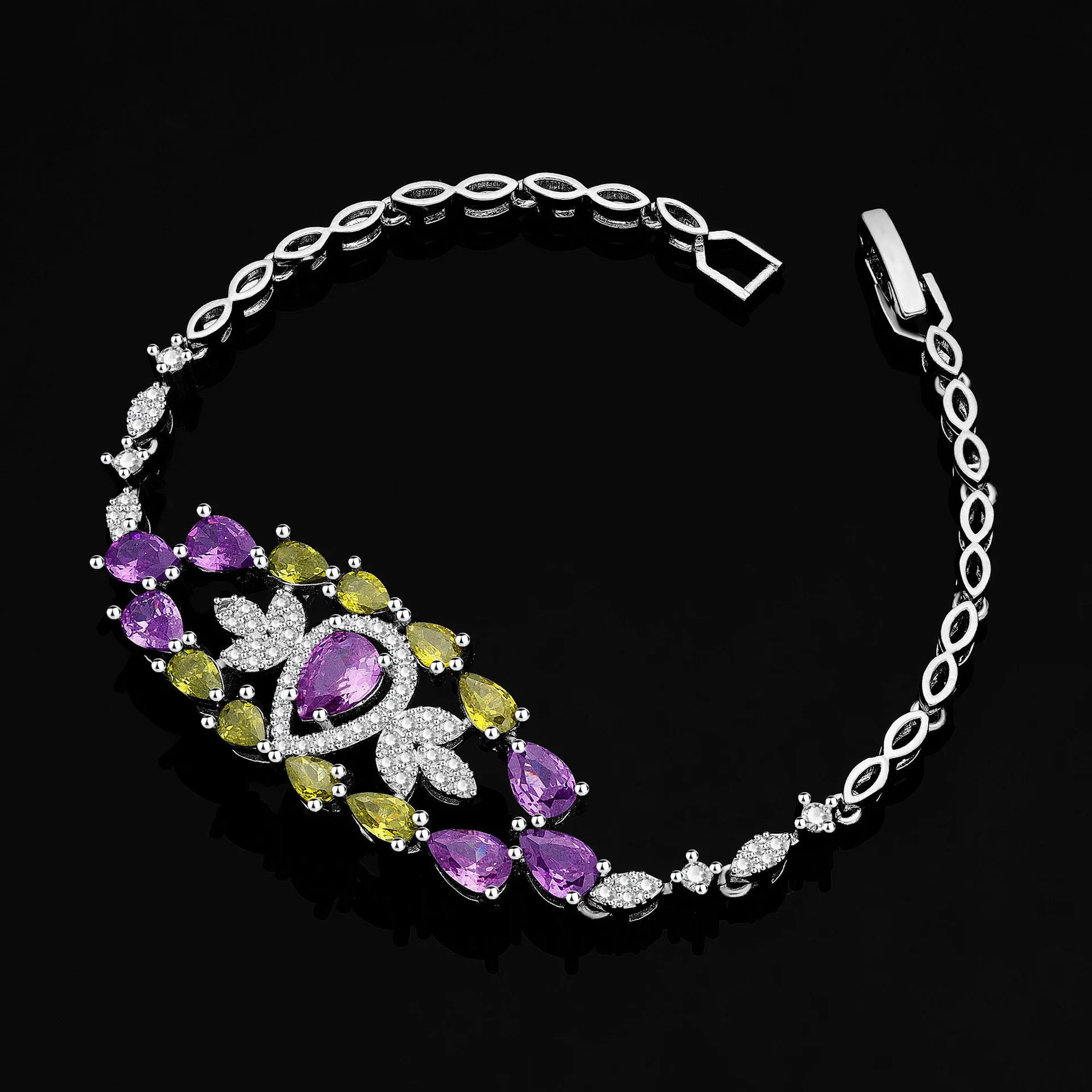 White copper zircon inlay floral pattern women's jewellery set with necklace, earrings, ring, and bracelet