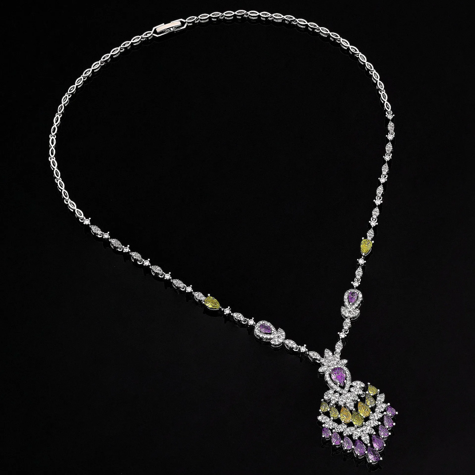 White copper zircon inlay floral pattern women's jewellery set with necklace, earrings, ring, and bracelet