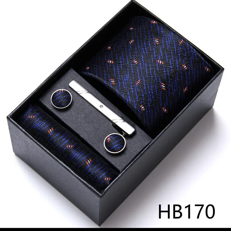 Men's tie six-piece suit gift box set with polyester silk grid pattern tie and square scarf in high-end gift box