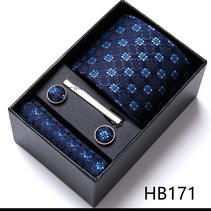 Men's tie six-piece suit gift box set with polyester silk grid pattern tie and square scarf in high-end gift box