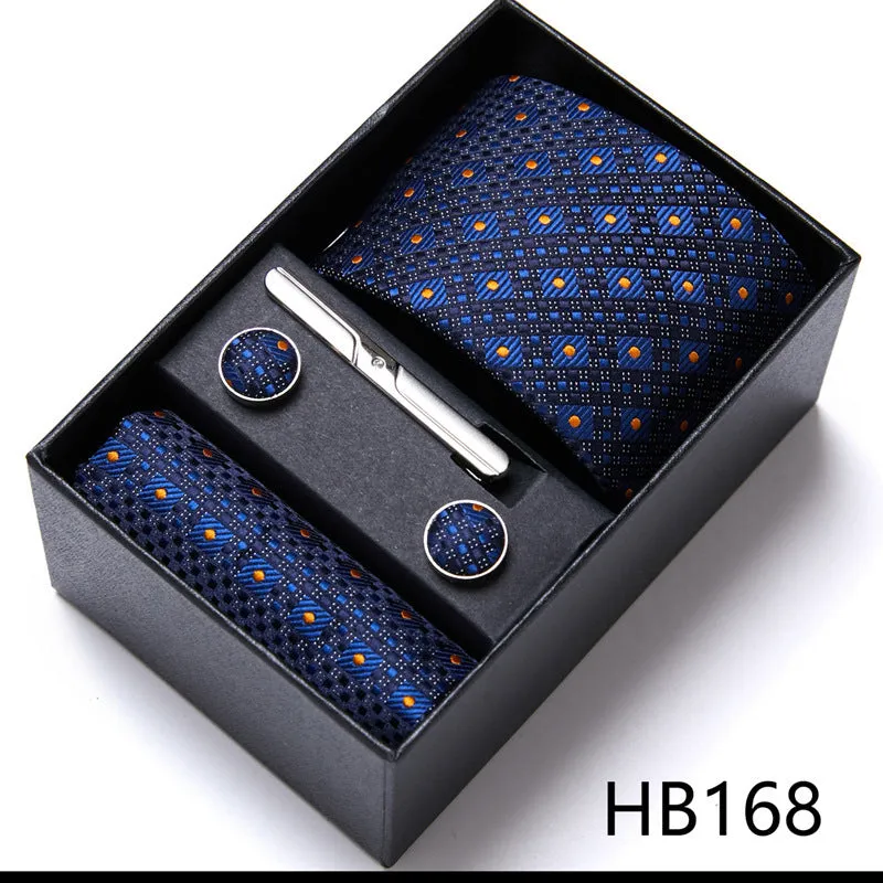 Men's tie six-piece suit gift box set with polyester silk grid pattern tie and square scarf in high-end gift box