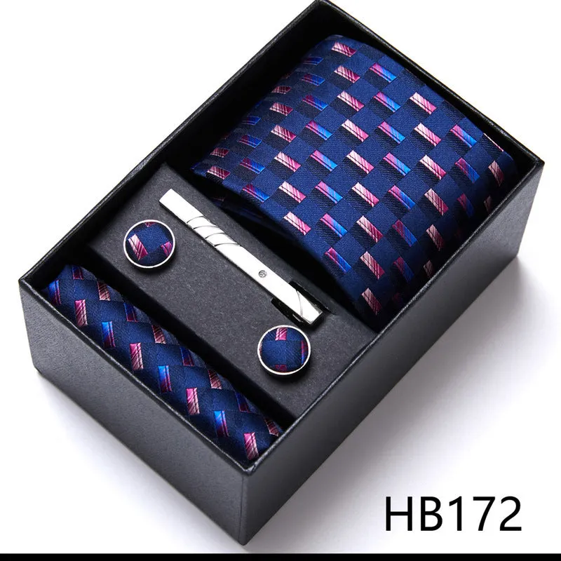 Men's tie six-piece suit gift box set with polyester silk grid pattern tie and square scarf in high-end gift box