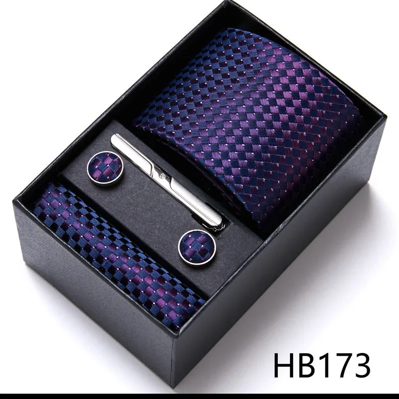 Men's tie six-piece suit gift box set with polyester silk grid pattern tie and square scarf in high-end gift box