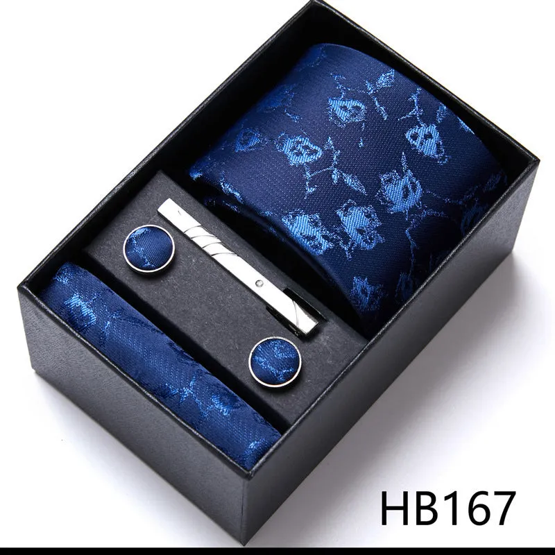 Men's tie six-piece suit gift box set with polyester silk grid pattern tie and square scarf in high-end gift box