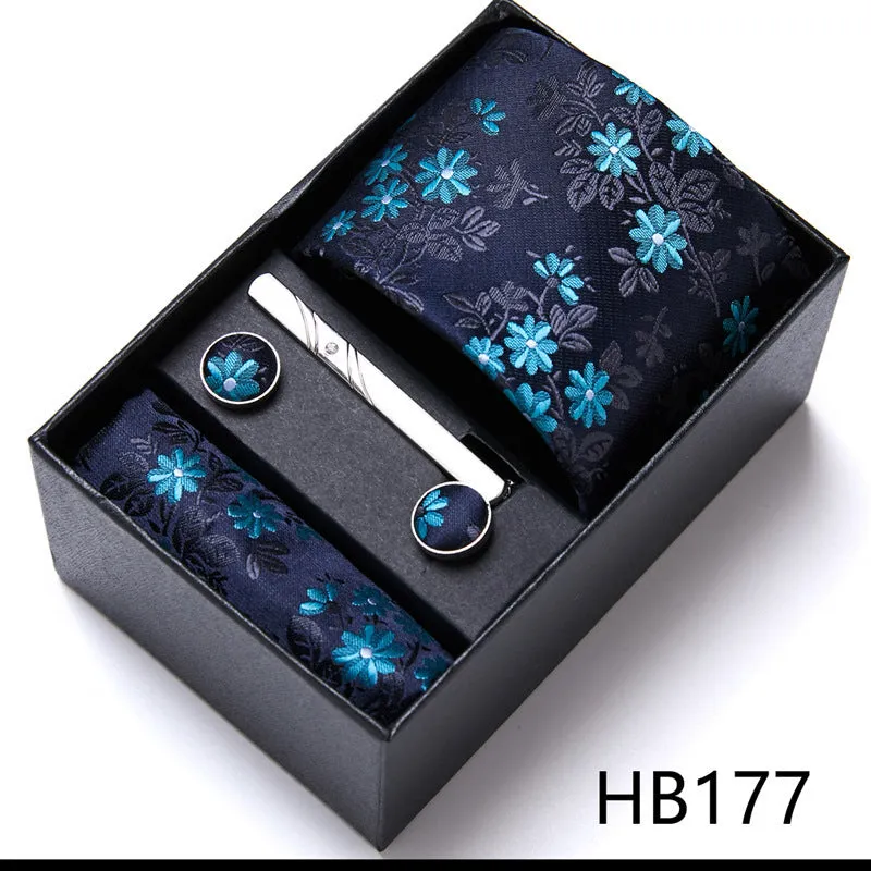 Men's tie six-piece suit gift box set with polyester silk grid pattern tie and square scarf in high-end gift box