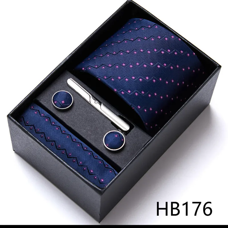 Men's tie six-piece suit gift box set with polyester silk grid pattern tie and square scarf in high-end gift box