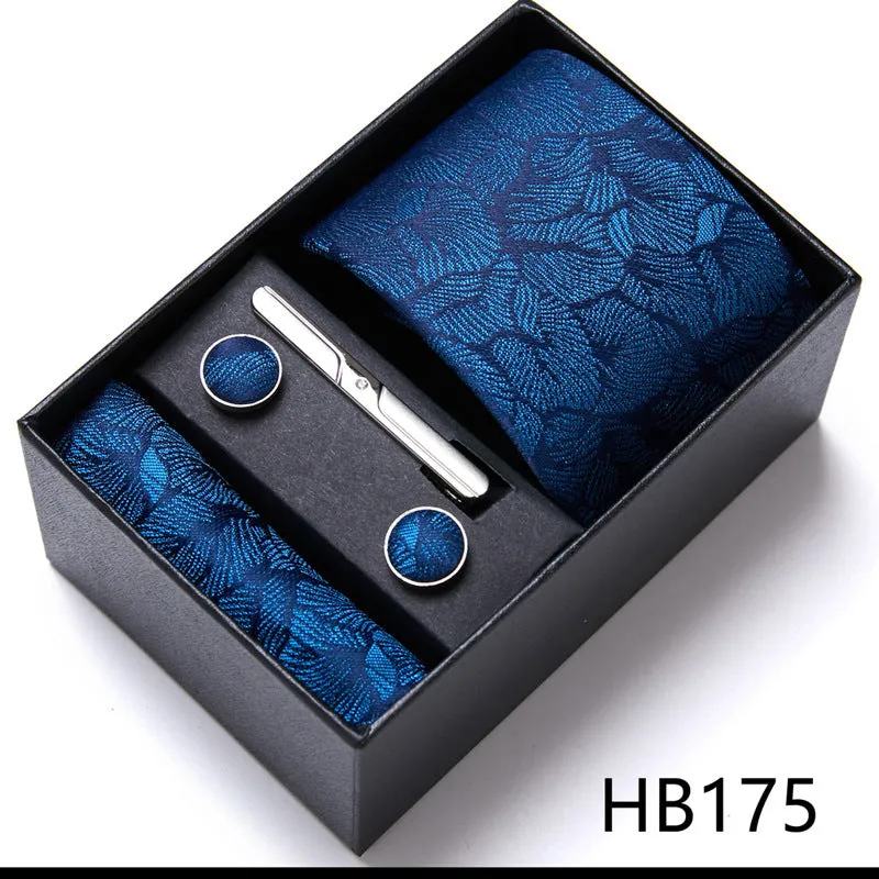 Men's tie six-piece suit gift box set with polyester silk grid pattern tie and square scarf in high-end gift box