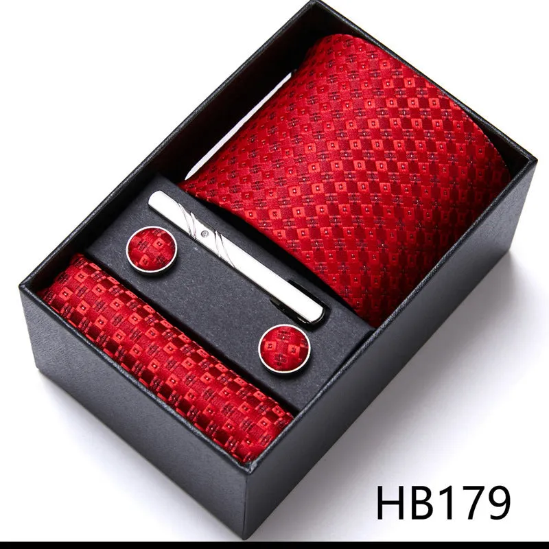 Men's tie six-piece suit gift box set with polyester silk grid pattern tie and square scarf in high-end gift box