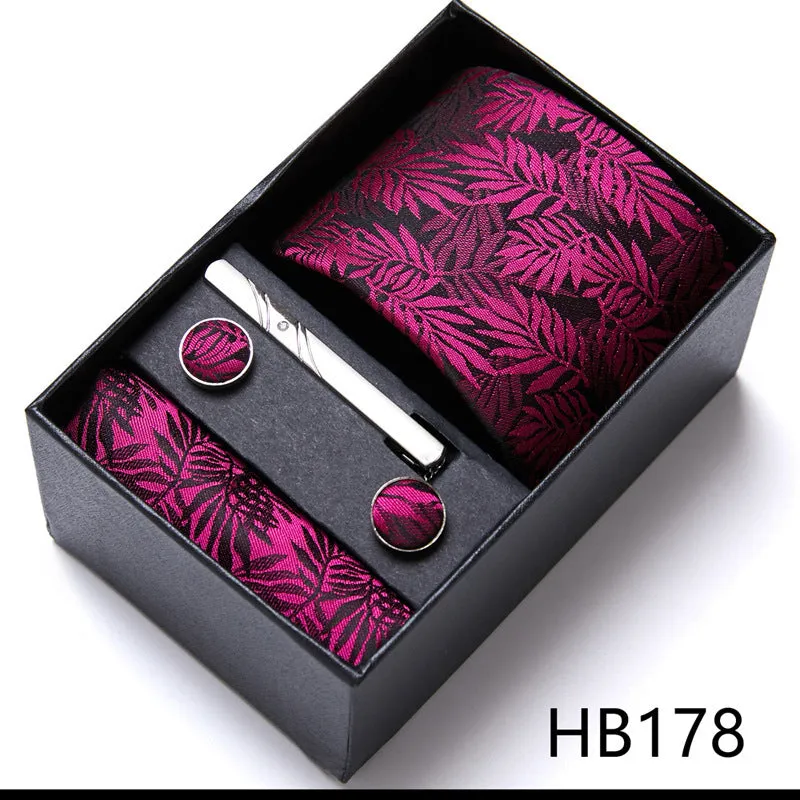 Men's tie six-piece suit gift box set with polyester silk grid pattern tie and square scarf in high-end gift box