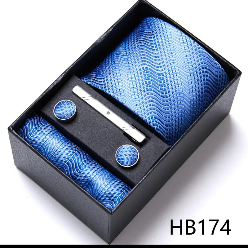 Men's tie six-piece suit gift box set with polyester silk grid pattern tie and square scarf in high-end gift box