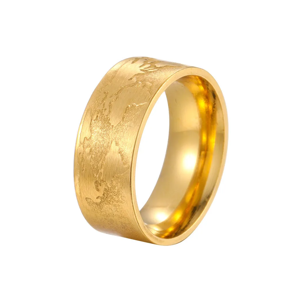 Stainless steel dopamine ring in gold finish with geometric pattern on a white background