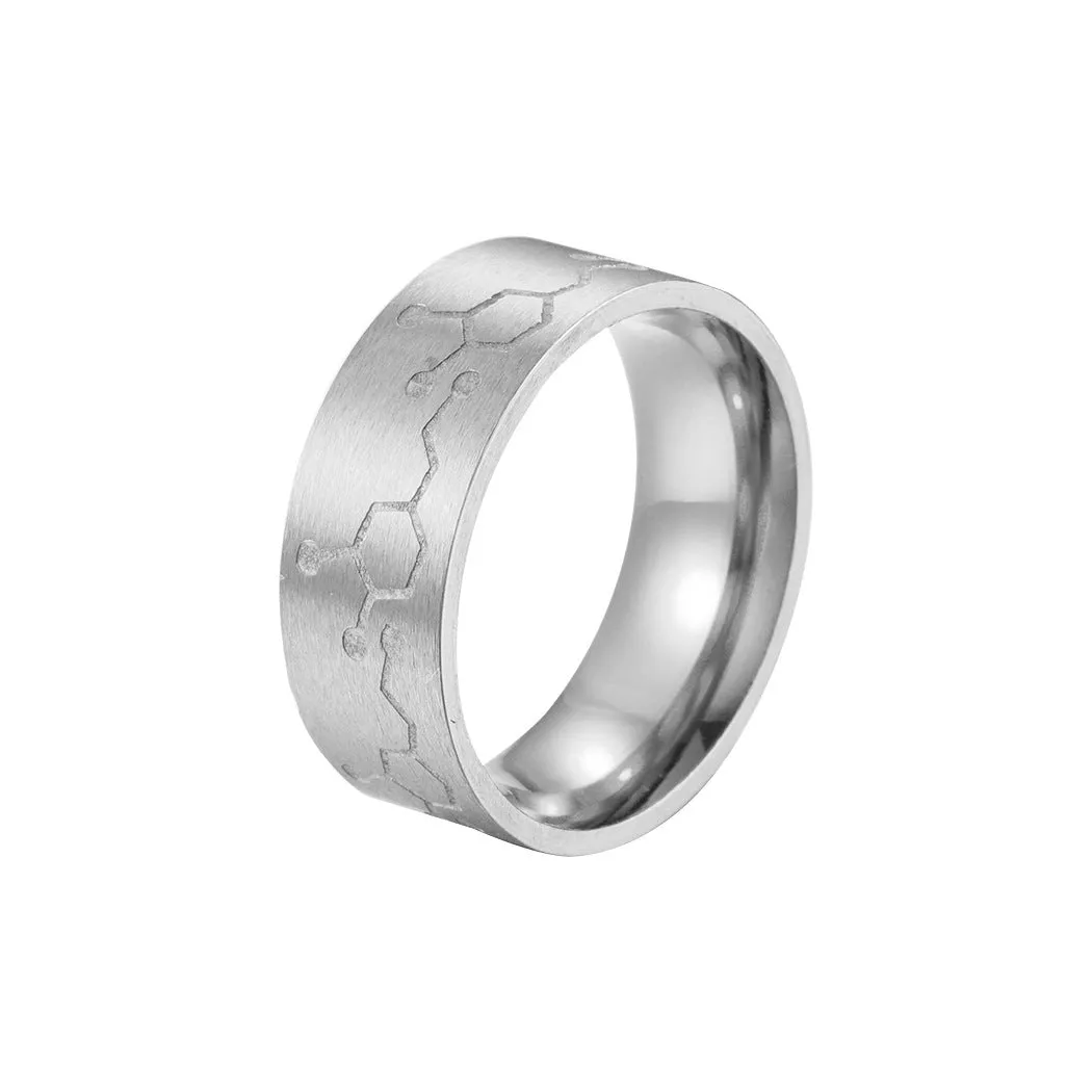 Stainless steel dopamine ring in gold finish with geometric pattern on a white background
