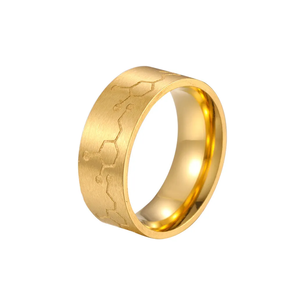 Stainless steel dopamine ring in gold finish with geometric pattern on a white background