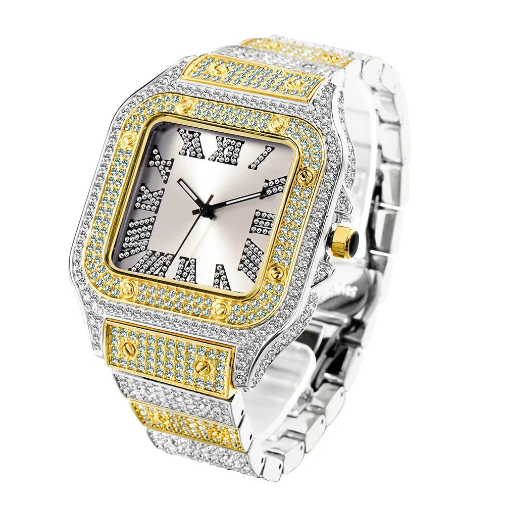 Fashion hip hop square men's watch with diamond detailing alloy strap silver white dial