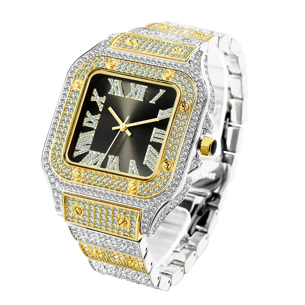 Fashion hip hop square men's watch with diamond detailing alloy strap silver white dial